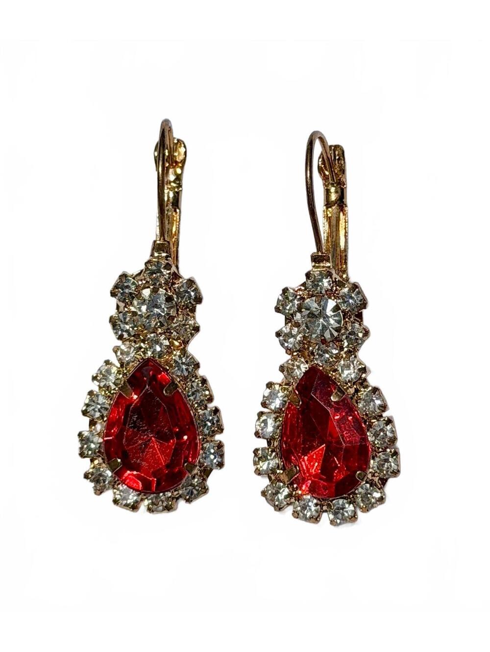 Elegant Vintage Gold-Tone Red and Clear Rhinestone Teardrop Earrings